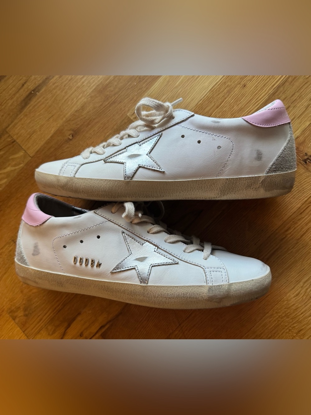 Golden Goose Super-Star White Leather Sneakers Pink and Silver Accents Sz 40